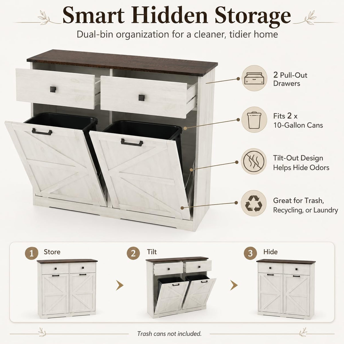 20 Gallon White Wooden Double Tilt Out Trash Can Cabinet with 2 Drawer R408