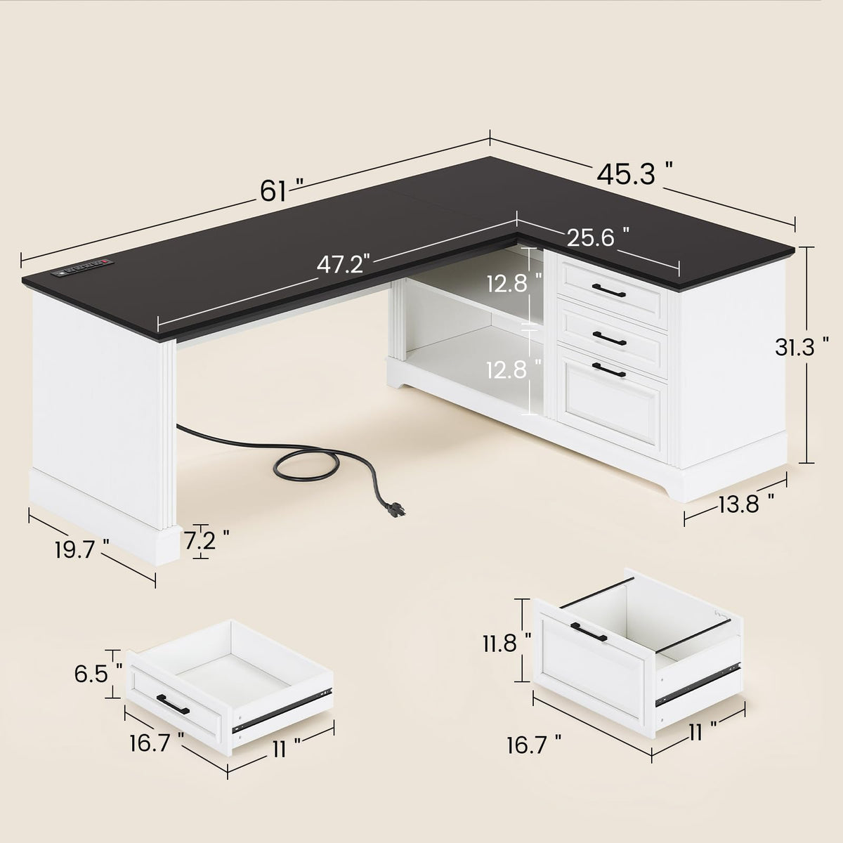 61" L Shaped Desk with Drawers J9777