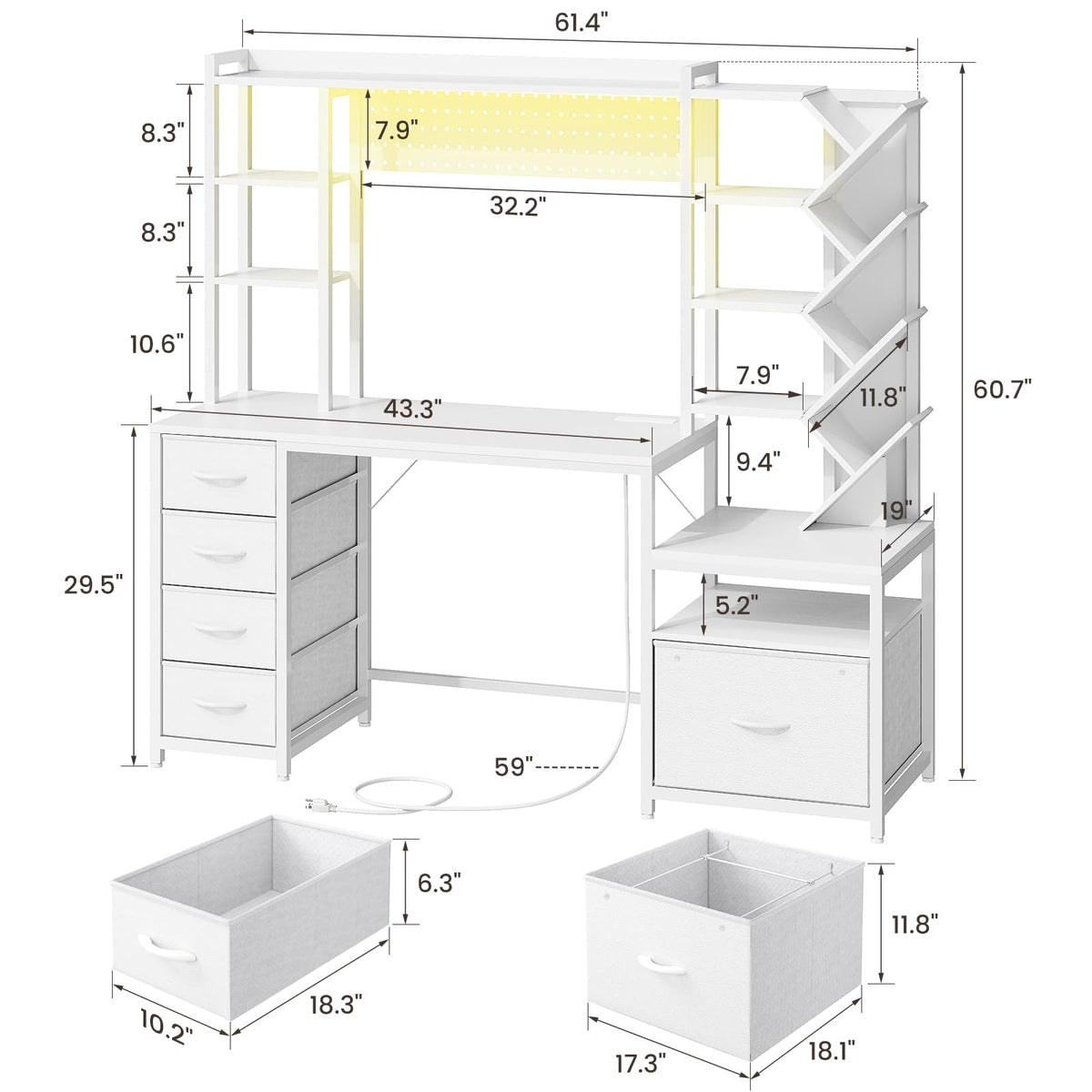 61.4" Computer Desk with Bookshelf, 5 Drawers, Hutch, Outlet, LED H251614