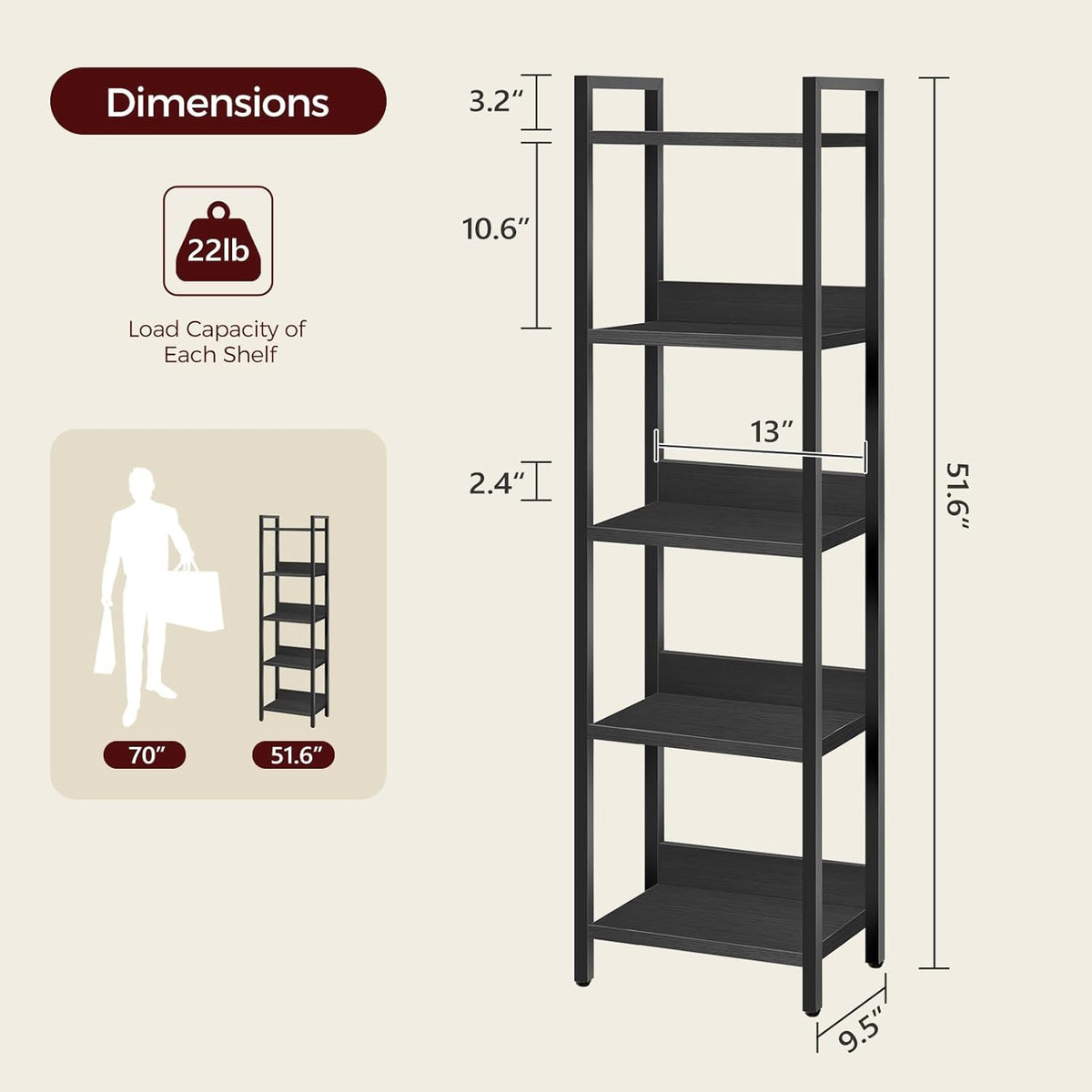 5-Tier Black Bookshelf Z695