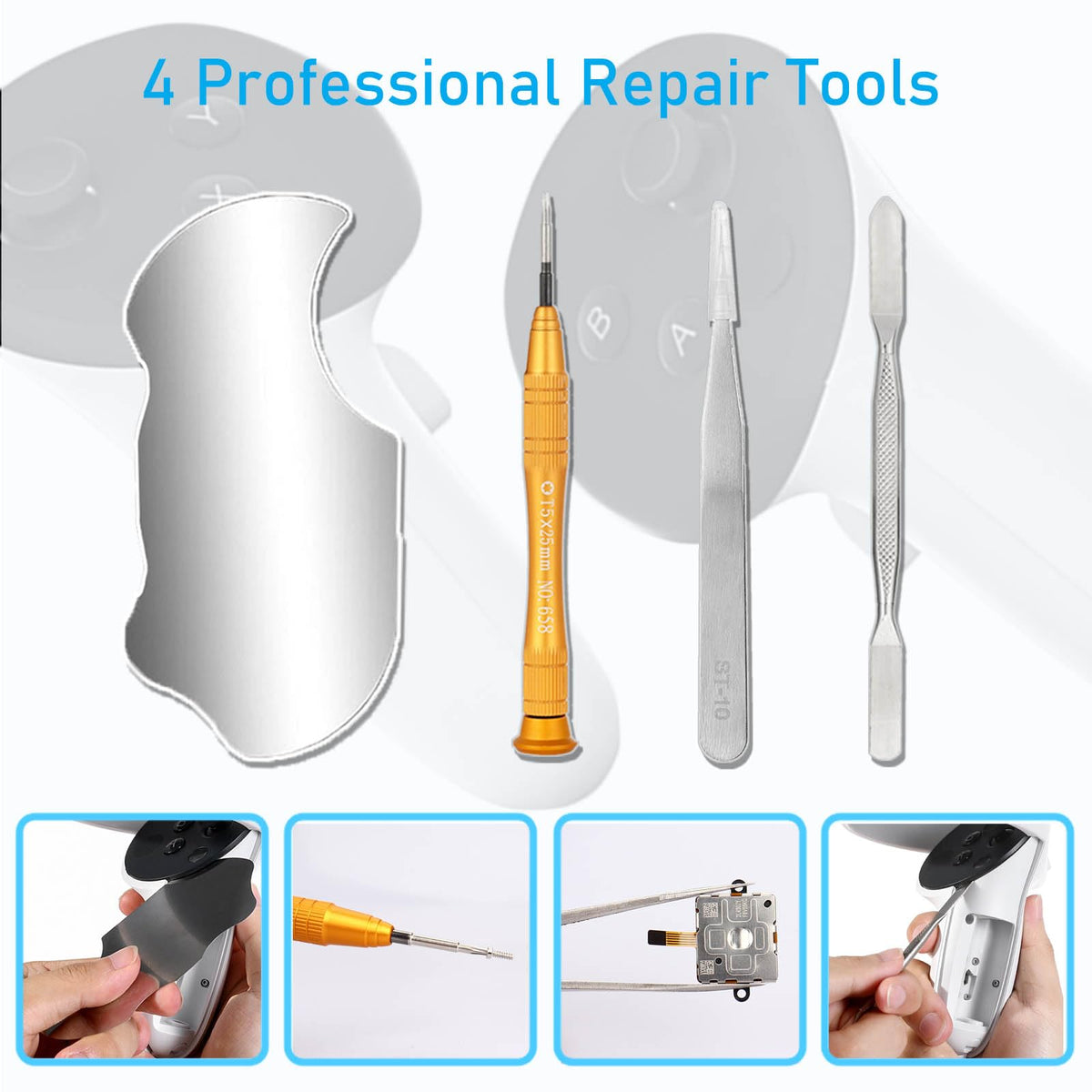 4 Pack Joystick Replacement Kit, Include 4 Joysticks, 4 Thumbstick Grips, T5 Screwdriver, Tweezer, Pry Tool Z940975