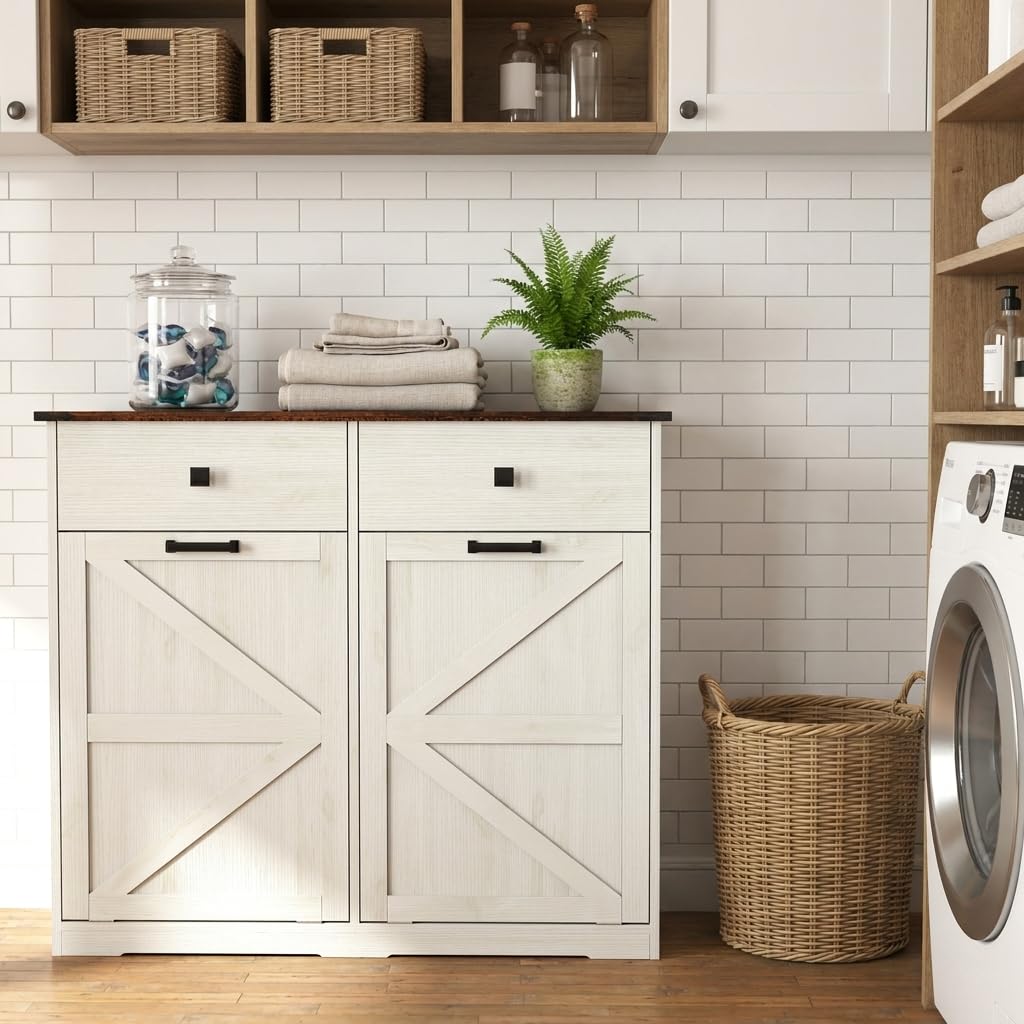 20 Gallon White Wooden Double Tilt Out Trash Can Cabinet with 2 Drawer R408