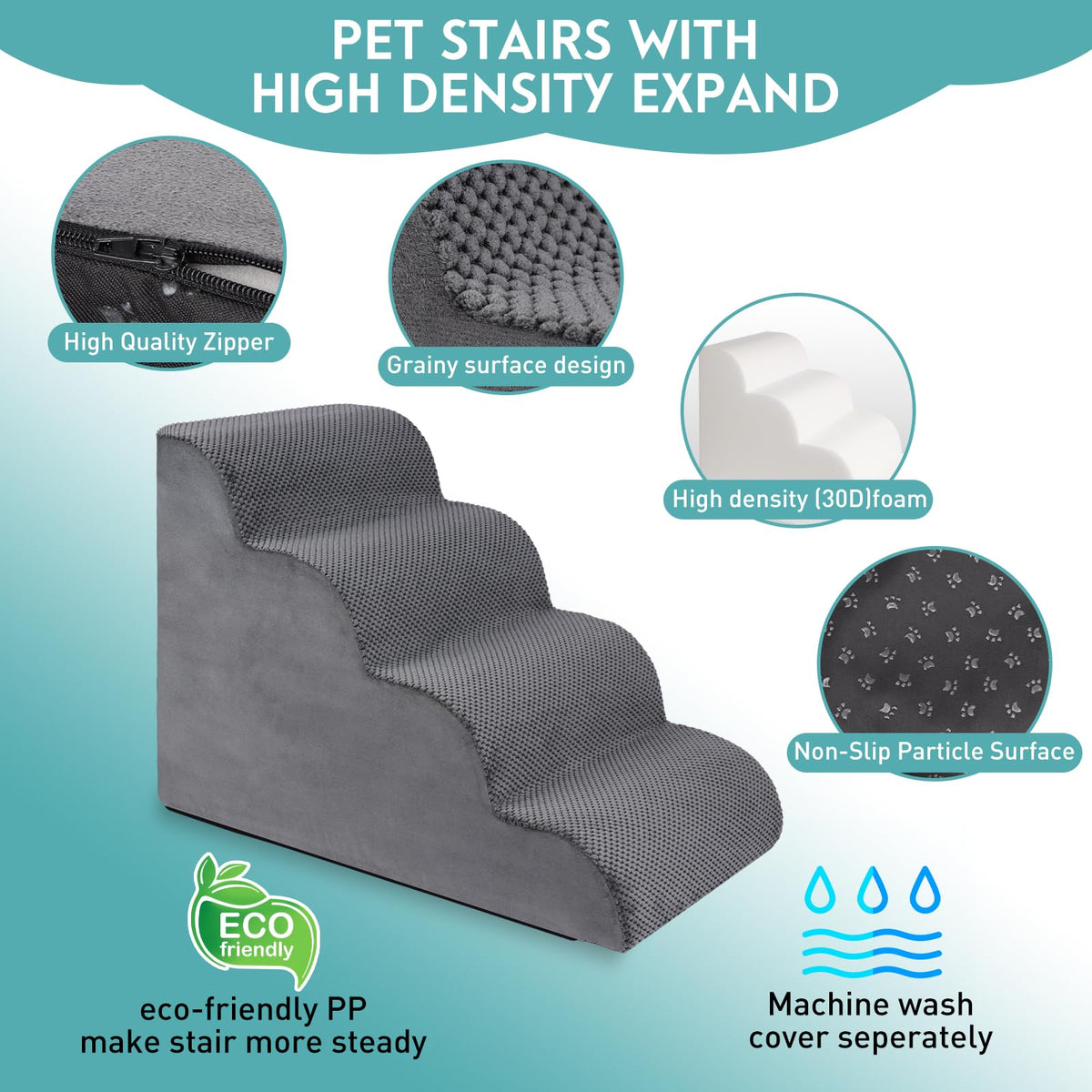 19.7" H 4-Steps Dog Stairs with 30D High Density Foam, Corduroy Fabric, Non-Slip Bottom S230