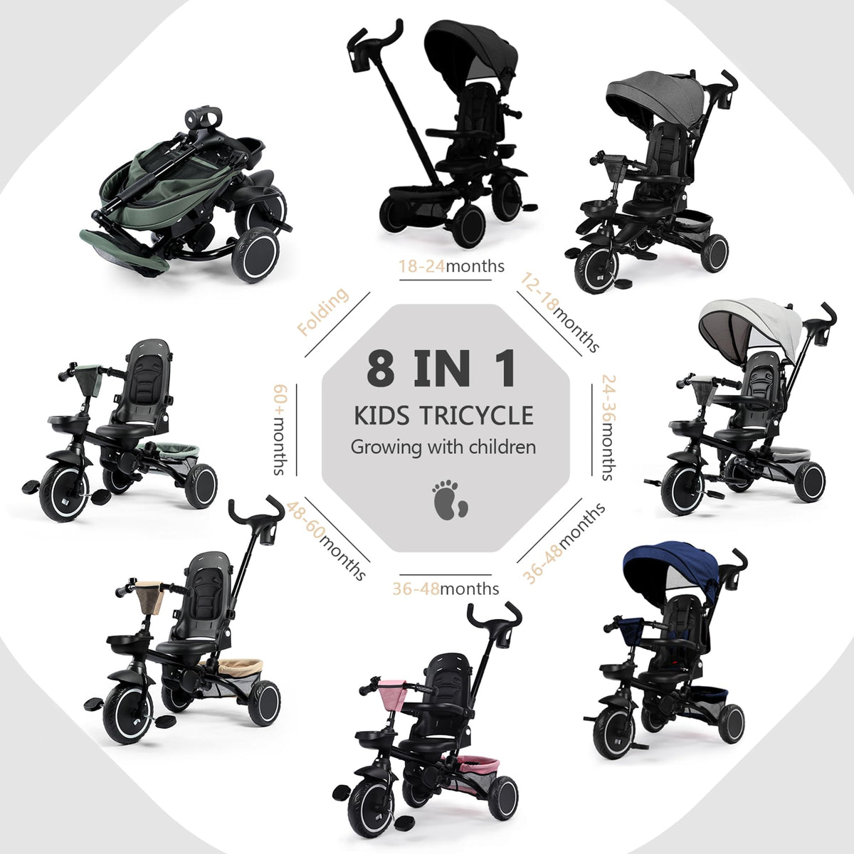 8 in 1 Toddler Tricycle with Push Handle M37479