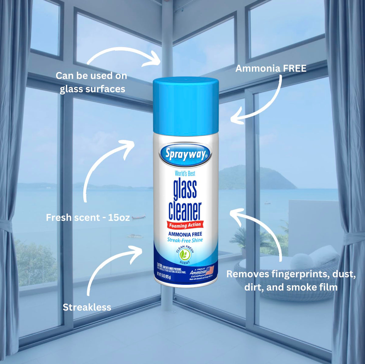 Ammonia-Free Glass Cleaner Aerosol Spray, 15oz, Pack of 6 S144