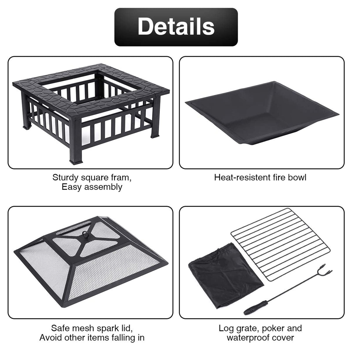 32'' Wood Burning Steel Fire Pit with Spark Screen F5149