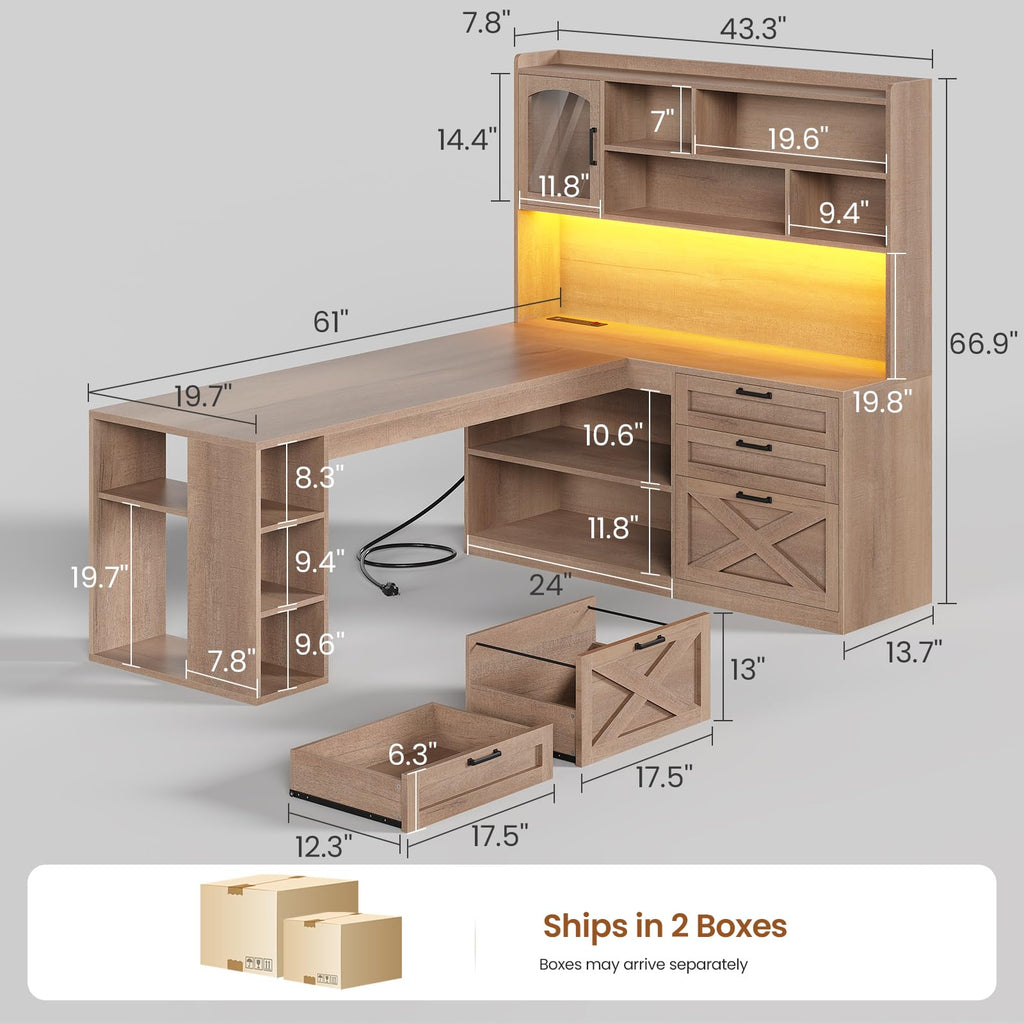 61" L Shaped Office Desk with Drawers and Storage T89620