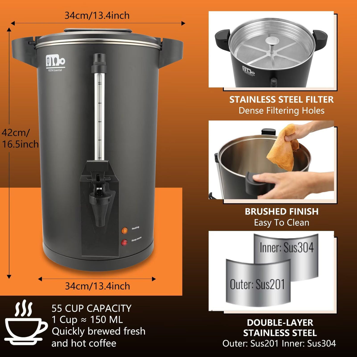 30-Cup 6L Stainless Steel Commercial Coffee Urn U31080