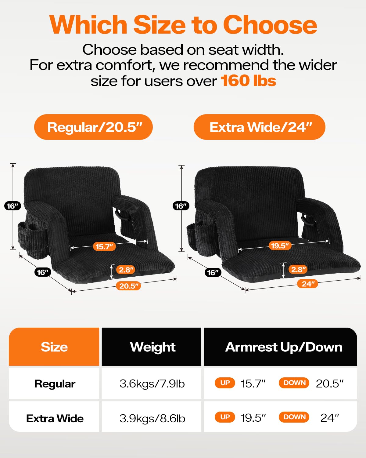 24'' Extra Wide Padded Corduroy Stadium Seats with Back Support, 2 Packs B87355