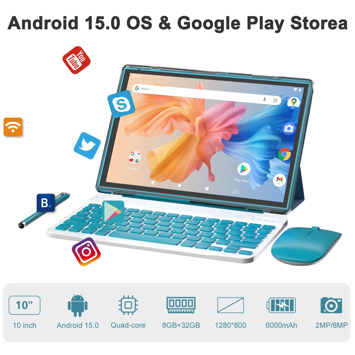 10 inch Android Tablet with Keyboard Stylus 8GB RAM 32GB ROM R605371