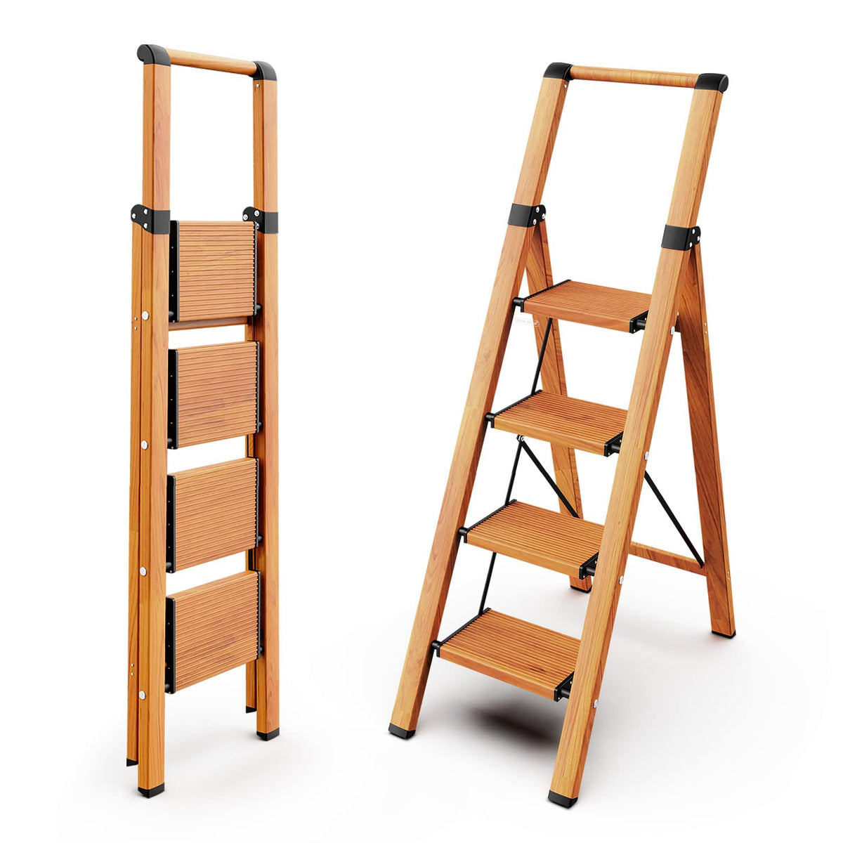4 Step Ladders, 300lbs Load, 36'' Top Step, Wood Grain A95582