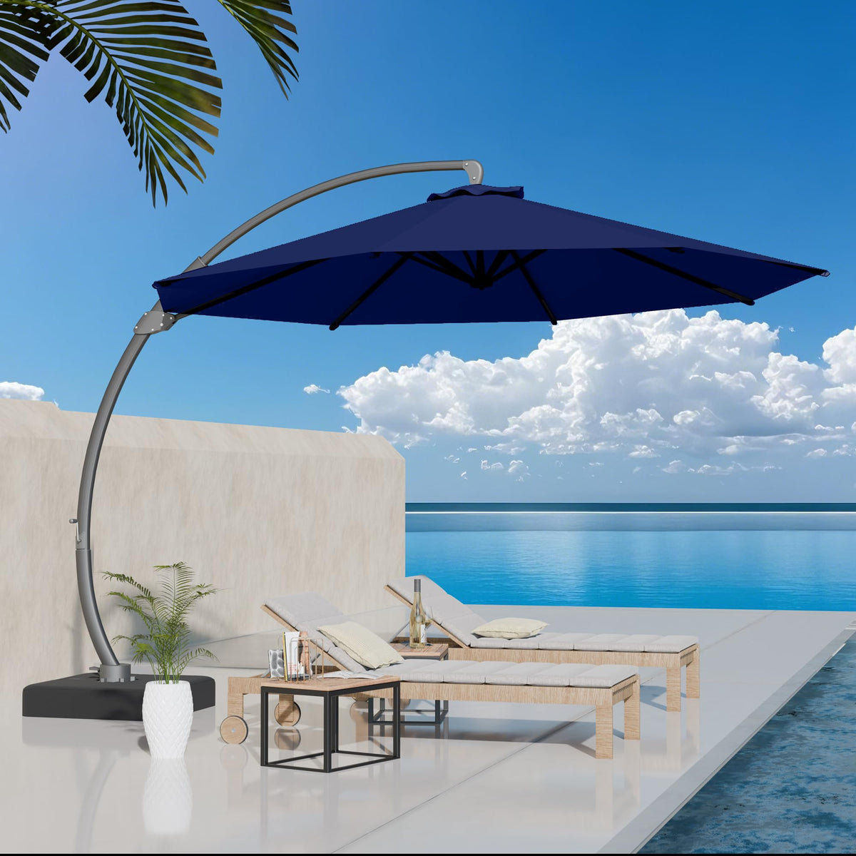 11ft Navy Blue Aluminum Cantilever Patio Umbrella with Base J197916