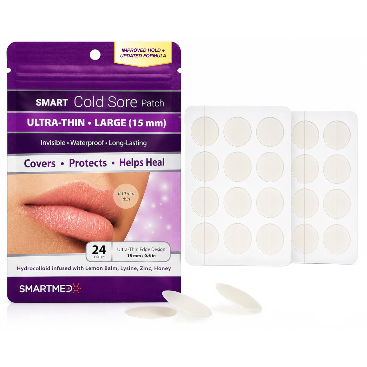 15 mm Hydrocolloid Cold Sore Patches with Lysine, Honey, Zinc & Lemon Balm, 24 Count F378