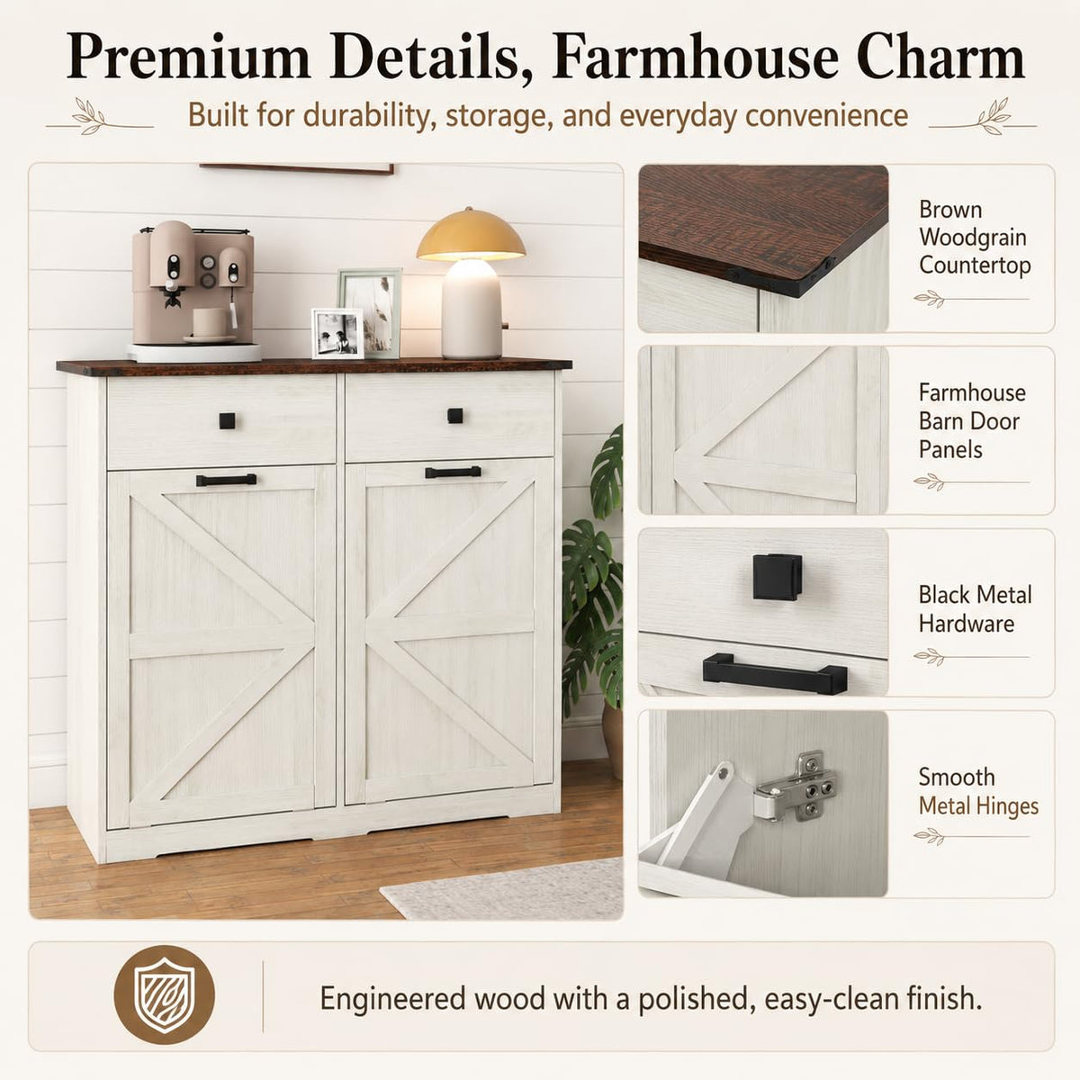 20 Gallon White Wooden Double Tilt Out Trash Can Cabinet with 2 Drawer R408