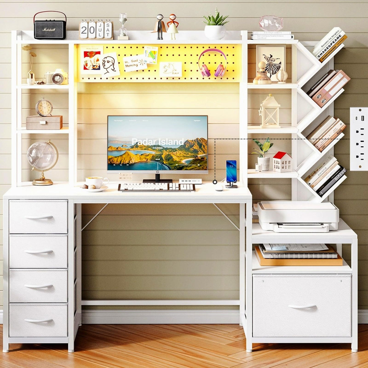 61.4" Computer Desk with Bookshelf, 5 Drawers, Hutch, Outlet, LED H251614