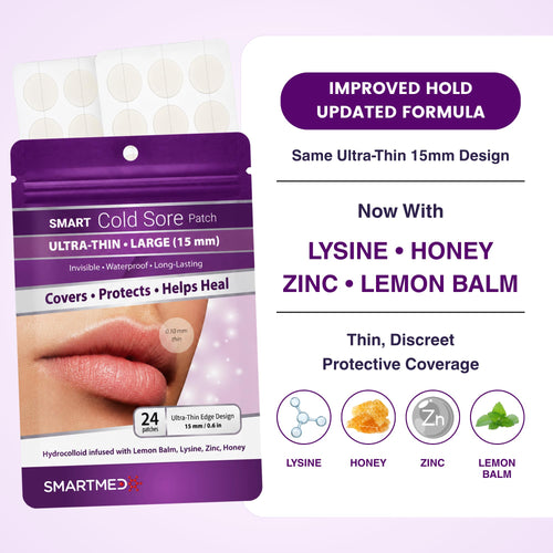 15 mm Hydrocolloid Cold Sore Patches with Lysine, Honey, Zinc & Lemon Balm, 24 Count F378