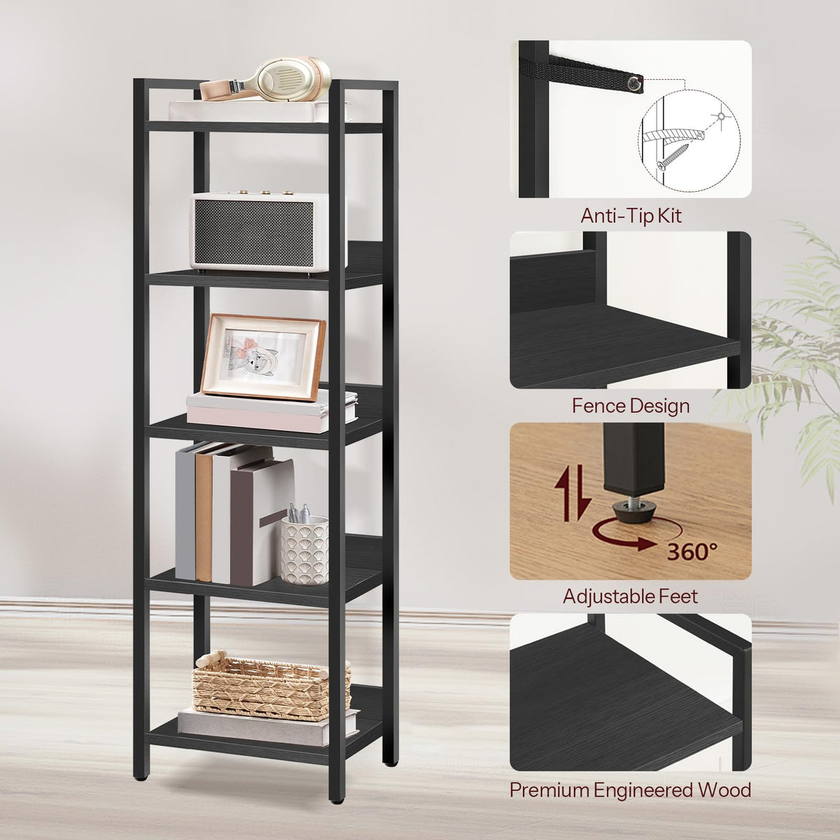 5-Tier Black Bookshelf Z695