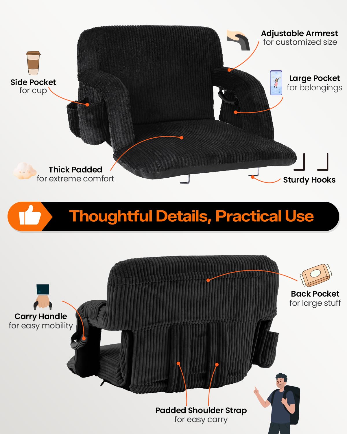 24'' Extra Wide Padded Corduroy Stadium Seats with Back Support, 2 Packs B87355
