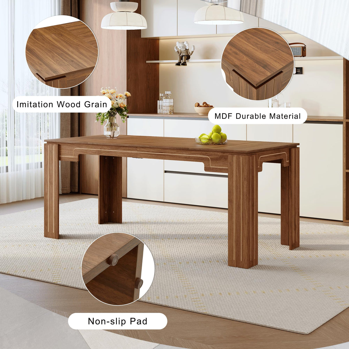 Walnut Dining Table Set with 8 Brown Fabric Chairs W75013