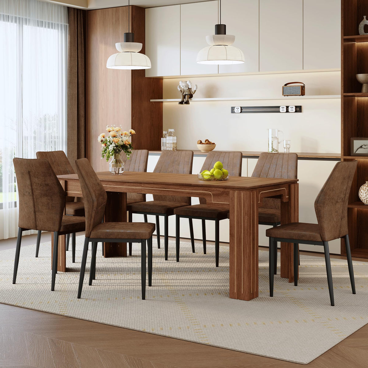 Walnut Dining Table Set with 8 Brown Fabric Chairs W75013