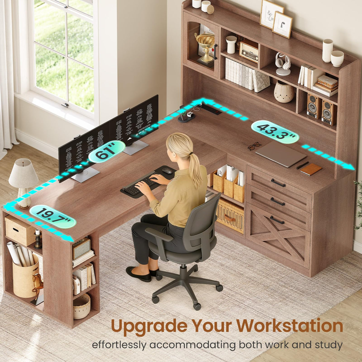 61" L Shaped Office Desk with Drawers and Storage T89620