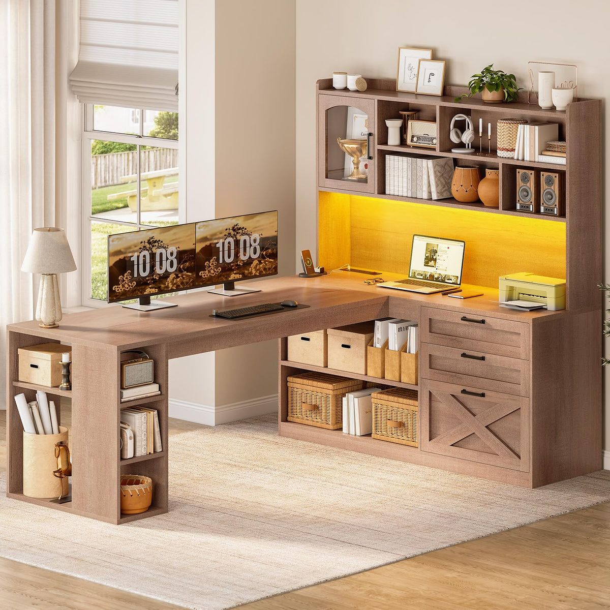 61" L Shaped Office Desk with Drawers and Storage T89620