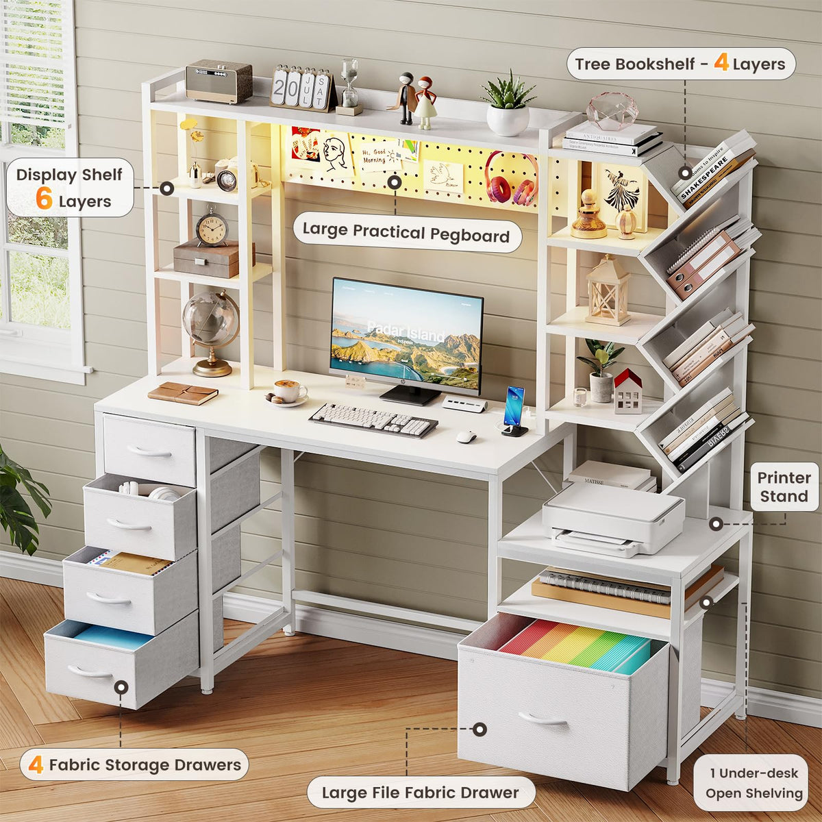 61.4" Computer Desk with Bookshelf, 5 Drawers, Hutch, Outlet, LED H251614