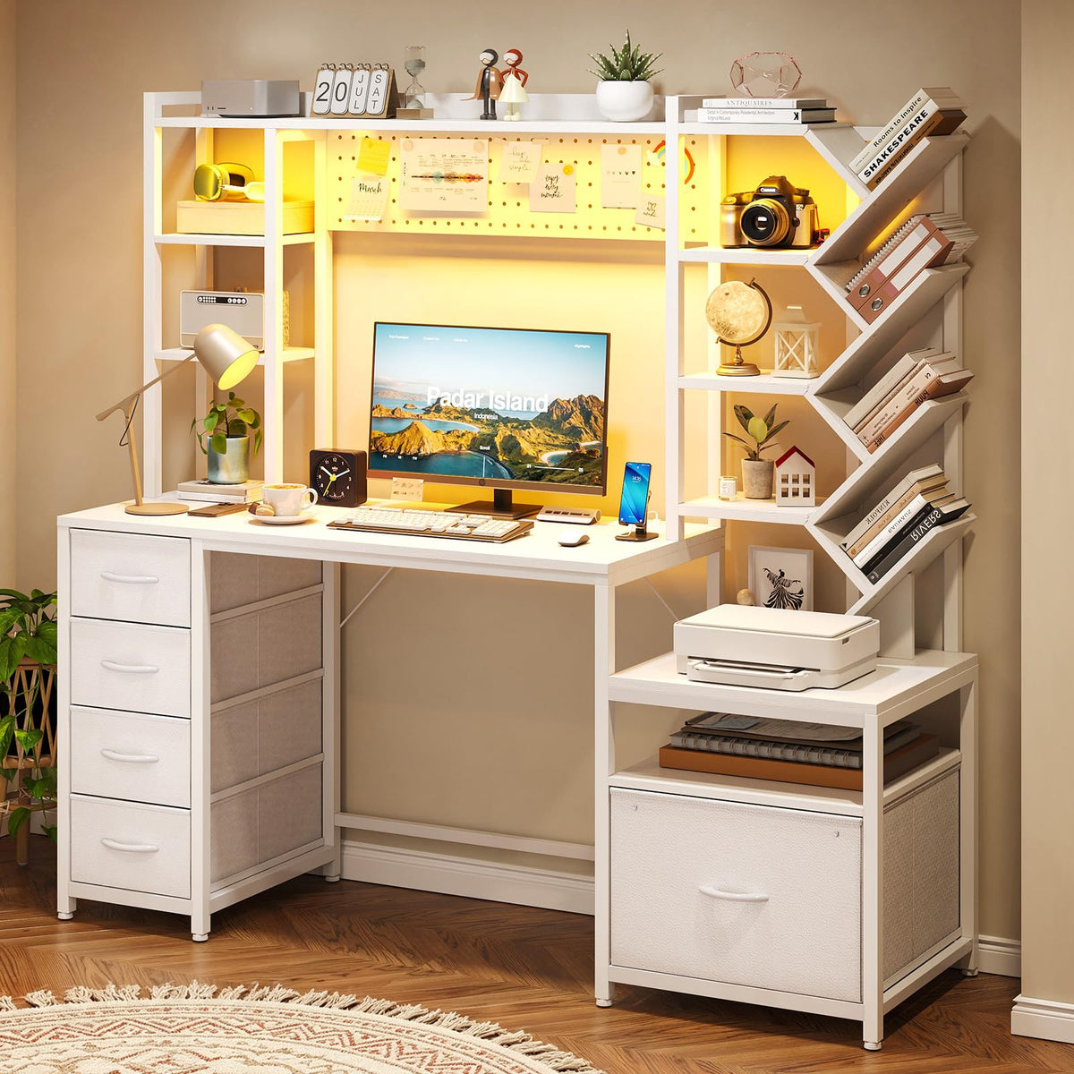 61.4" Computer Desk with Bookshelf, 5 Drawers, Hutch, Outlet, LED H251614