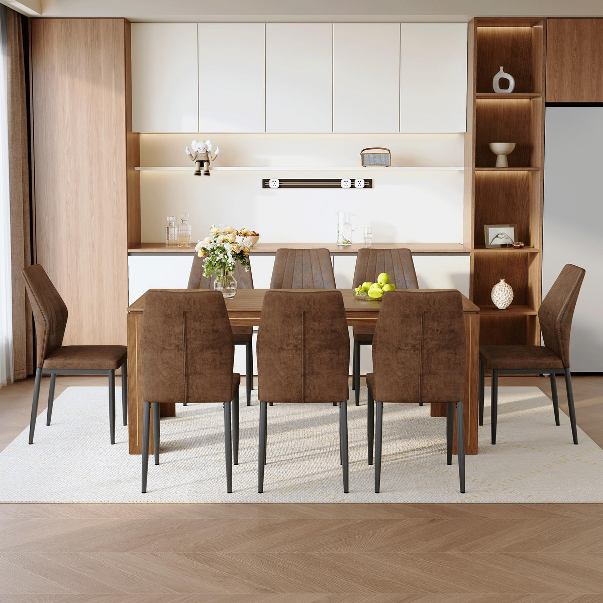 Walnut Dining Table Set with 8 Brown Fabric Chairs W75013