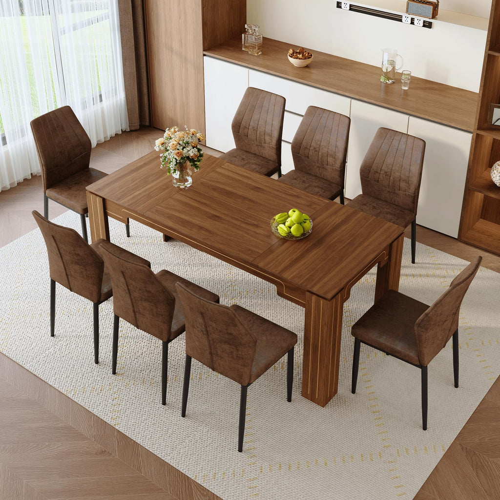Walnut Dining Table Set with 8 Brown Fabric Chairs W75013