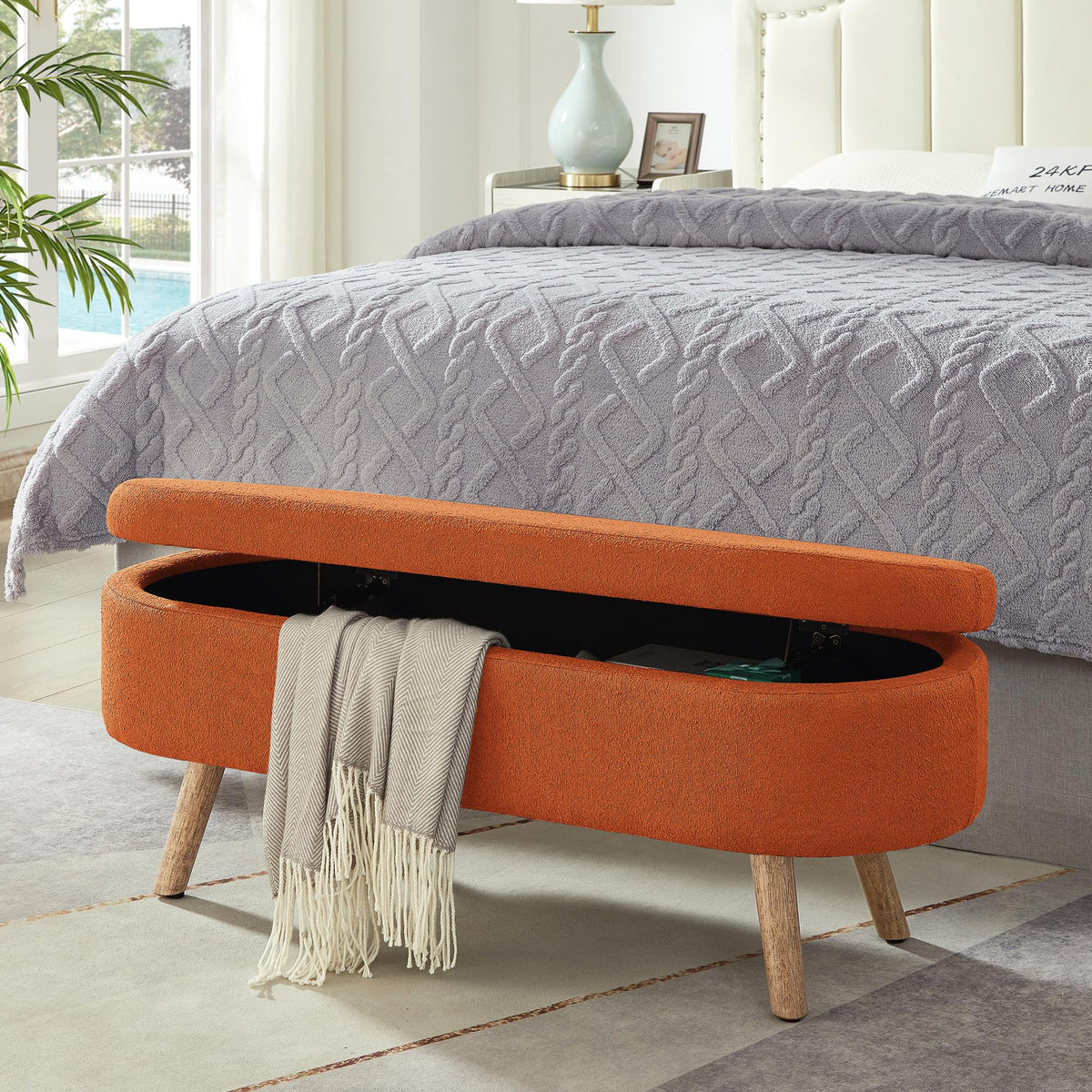 42" Oval Boucle Tufted Storage Ottoman Bench with Solid Wood Legs I351