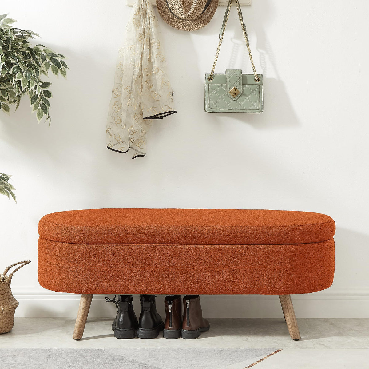 42" Oval Boucle Tufted Storage Ottoman Bench with Solid Wood Legs I351