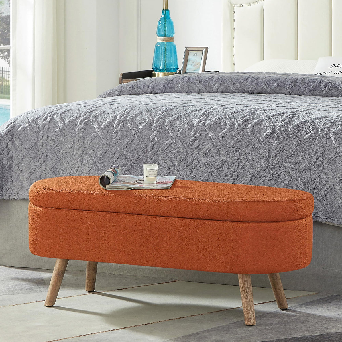 42" Oval Boucle Tufted Storage Ottoman Bench with Solid Wood Legs I351