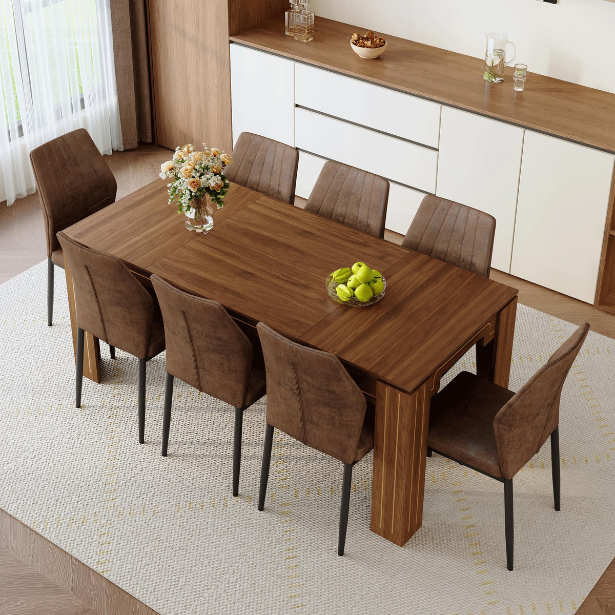 Walnut Dining Table Set with 8 Brown Fabric Chairs W75013